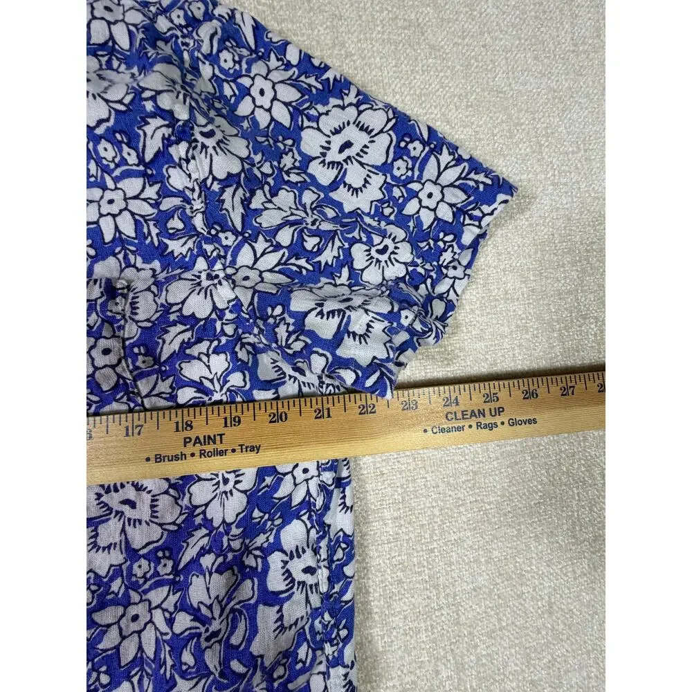 J Crew Men Large Blue White Linen Blend Short Sleeve Button Front Floral Shirt